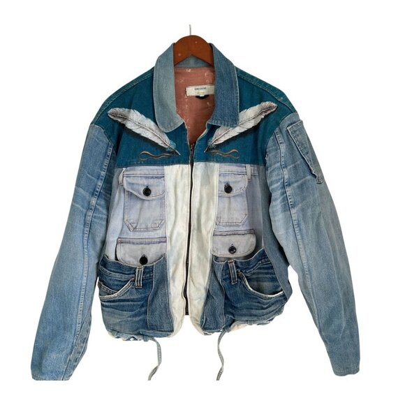 Vtg Y2K Denim Patchwork Jacket Tribal Boho Streetwear Feather Embroidery - Picture 2 of 15
